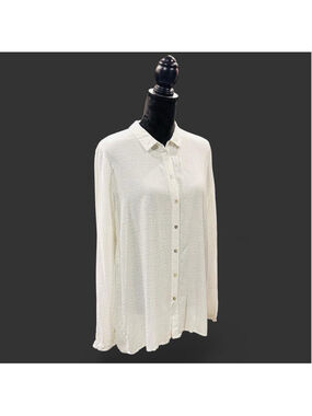 OPUS Blouse Tunic L White Grey Dot Button Front Long Sleeve Preppy Minimalist